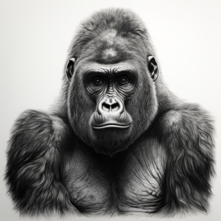 a black and white gorilla drawing, resembling a realistic oil portrait, captured in a stock photo by magali villeneuve. this detailed character illustration showcases the artist's ability to convey emotion through portraiture. the low resolution image features isolated figures, reminiscent of ambrotype photography. ai generatedの素材