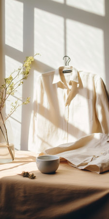 a towel, shirt, and empty bowl are arranged together in a composition. the light beige and light amber color palette adds an aesthetic touch to the scene. the photo embodies the styles of bloomcore, deconstructed tailoring, and a delicate painterly touch. natural lighting enhances the overall ambiance, with sunrays casting a gentle glow on the objects. ai generatedの素材