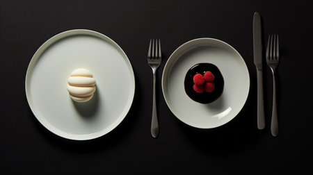 dessert plate with forks and knives, showcasing a minimalist and monochromatic style. the color palette consists of dark white and dark magenta, creating a striking contrast. this photograph, inspired by the works of laurent chehere, explores the concept of raw versus finished. the strong contrast between light and dark, reminiscent of peter saville's style, adds depth to the composition. joel robison's influence can be seenの素材