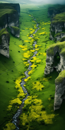 a river flows through lush green fields, nestled in a picturesque mountain area. this stunning photograph, created using the photobashing technique, showcases a captivating blend of dark black and yellow tones. intricate floral arrangements adorn the landscape, adding a touch of elegance. with its high resolution and organic formations, this image captures the essence of the dusseldorf school of photography, reminiscent of a national geographicの素材