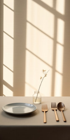 dinnerware sets and napkin arranged in front of a lamp light, showcasing a minimalistic japanese style. the photo captures the essence of sunny impressionism and minimalist photography, with a color palette of beige and delicate flowers. the composition also highlights the artistic touch of a sculptural installation artist, creating a beautiful juxtaposition of light and shadow. ai generatedの素材