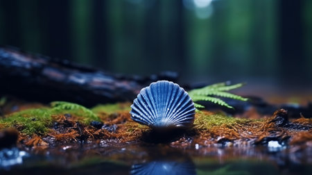 a little blue clam is captured in this photograph against a vibrant green background. the image is reminiscent of tilt-shift photography, following the style of the dusseldorf school of photography. it is a high-resolution uhd image that showcases the romanticized depictions of wilderness and forestpunk. the photograph offers detailed marine views and embraces functional aesthetics. ai generatedの素材