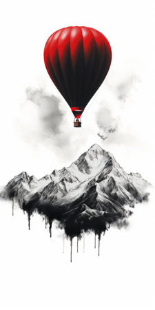 red hot air balloon floats gracefully amidst the clouds, framed by majestic mountains. this captivating black and white photograph showcases a unique blend of realism and conceptual street art. the dynamic chiaroscuro and subtle ink application create a visually striking image. with elements of frostpunk and jarring juxtapositions, this editorial illustration captures the imagination. ai generatedの素材