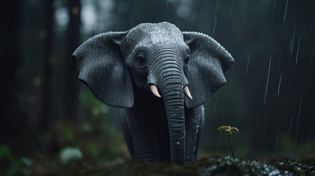 the elephant wallpaper showcases a stunning depiction of a cool elephant in the rain. rendered in unreal engine with photo-realistic techniques, this artwork exhibits the beauty of indonesian art. with a resolution of 8k, the image features selective focus and a shallow depth of field, adding depth and visual appeal. ai generatedの素材