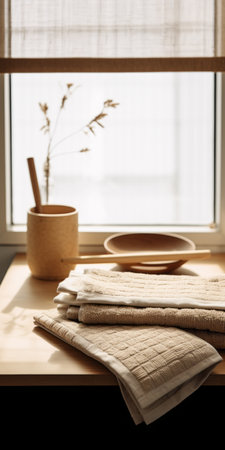 the kitchen features a window sill adorned with a collection of towels and coffee cups. the organic texture of the towels and the warm hues of light amber and beige create a monochromatic aesthetic. the shadows cast add depth to the overall design. this photo showcases environmental awareness with the use of organic materials and sustainable wood in the kitchen. ai generatedの素材