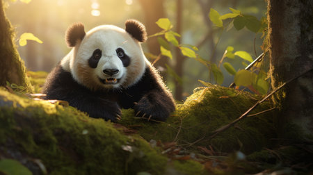 a panda in the forest, captured through the lens flare effect, showcases a hyper-detailed and realistic rendering. this stunning image was taken with a canon eos 5d mark iv, resulting in bold chromaticity. the asian-inspired and nature-inspired imagery creates a captivating junglecore aesthetic. ai generatedの素材