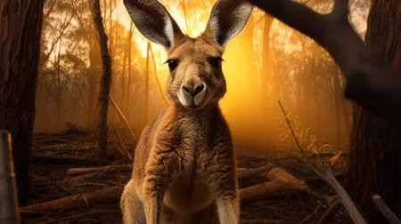a kangaroo, captured in stunning detail through the use of daz3d software, stands proudly in front of a vibrant sun. the photo showcases intricate facial features and is enhanced by atmospheric woodland imagery. with its photo-realistic techniques, this image is a visual pun that combines macro photography and the captivating style of national geographic. ai generatedの素材