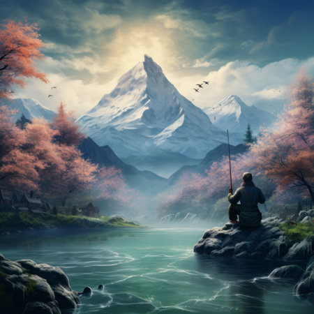 a stunning scenery wallpaper featuring a majestic mountain surrounded by vibrant autumn trees and a serene water body. this landscape, in the style of a realistic portrait painter, lorenz hideyoshi, combines elements of realism with fantasy. the dark cyan and pink hues add a touch of tranquility to the detailed hunting scenes, creating a zen-inspired atmosphere perfect for quiet contemplation. ai generatedの素材