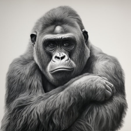 a black and white drawing of a gorilla is showcased in this 8k resolution photograph. the artwork is created in the style of precise hyperrealism, capturing the intricate details of the gorilla's features. the pensive pose adds depth to the composition, while the subtle tonal values and bold chromaticity create a visually striking image reminiscent of celebrity-portraits. this stunning artwork could easily grace the pagesの素材