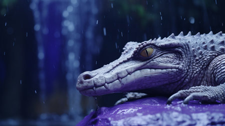 a crocodile in the rain, perched on a hill in a swamp, captured in a photo-realistic style using cinema4d. the image showcases the crocodile's close-up, revealing intricate details and hyper-realistic sculptures. the use of light navy and violet hues adds depth and atmosphere. water drops on the crocodile's skin enhance the realism, while the overall composition tells an emotional story. ai generatedの素材
