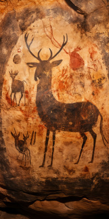 a tamazun cave art artifact featuring wildlife art with a satirical twist. this large-scale painting, captured with a canon ef 24-70mm f/2.8l ii usm lens by didier loureno, showcases a unique blend of phoenician art influences. the color palette of light brown and crimson adds depth to the fawncore style, making this piece a captivating and thought-provoking creation. ai generatedの素材