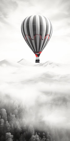 hot air balloon floating above misty clouds, showcasing a hyperrealistic rendering with a light black and red color scheme. the snow scenes and densely patterned imagery create a mesmerizing visual experience. captured in stark black and white photography, this unreal engine-powered image embodies the swiss style aesthetic. ai generatedの素材