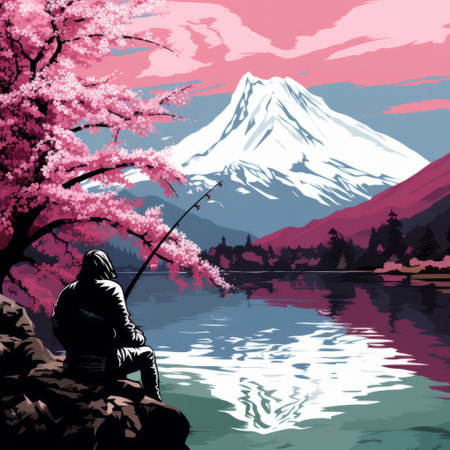 a man fishing on the shore in front of a vibrant cherry blossom forest. this pop art-inspired photo features flat colors, mountainous vistas, and a combination of dark magenta and light cyan hues. the high-contrast shading adds depth to the image, while the stencil art style and high resolution capture the beauty of the scene. inspired by the works of armand guillaumin. ai generatedの素材