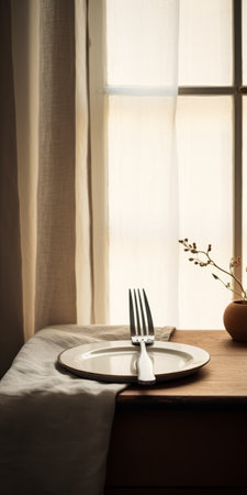 a black plate and fork are placed on a table, illuminated by a golden light. this kitchen still life captures a minimalistic serenity with its light beige and orange tones. the flowing draperies add a touch of elegance to the scene. this photograph embodies the essence of new american color photography, showcasing light-filled scenes. ai generatedの素材