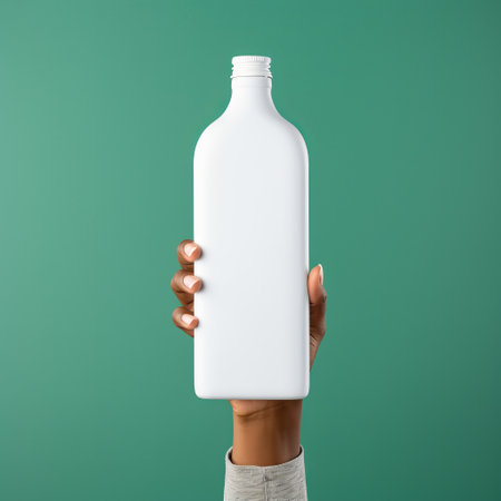 woman holding a black glass bottle of neutral food and drinks on a green background. the photo is styled with ambient occlusion and showcases an afro-caribbean influence. the color palette includes light maroon and white, with a minimalist and spare simplicity. the bottle is made of plastic and features a combination of light teal and light white, creating a bold chromaticity. ai generatedの素材