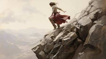 a woman in the mountains, navigating through rocky terrain, showcasing a blend of dark beige and crimson tones. the image exudes a realistic fantasy vibe, with layered gestures adding depth to the composition. the western-style portraits capture the essence of the scene. this high-resolution photo, with dimensions of 3840x2160, perfectly embodies the prairiecore aesthetic. ai generatedの素材