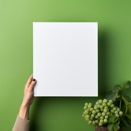 a woman holds a white blank paper against a green background in a minimalist still life. the photo showcases a minimalist color palette and features detailed foliage. with elements of neo-geo minimalism, the image captures an innovative page design using a ricoh gr iii camera. ai generatedの素材