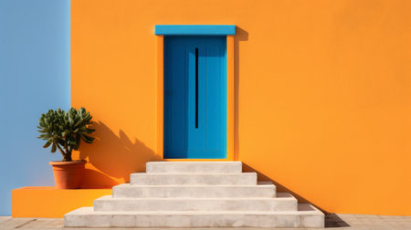 steps leading up to a door, showcasing a vibrant blend of orange and azure colors. the bold chromaticity and mediterranean-inspired design exude a sense of colorful minimalism. the light yellow and dark azure hues create a striking contrast, while the composition serves as a subtle critique of consumer culture. the solarizing master technique enhances the overall visual impact of the image. ai generatedの素材