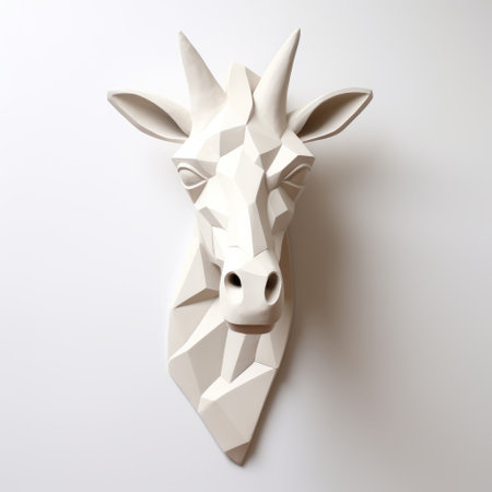 a triangular white painted giraffe head on a wall, showcasing a unique blend of organic forms and geometric shapes. this artwork draws inspiration from vray tracing, the bechers typologies, grzegorz domaradzki, industrial and product design. the carved animal figures and jagged edges add an intriguing touch to this visually captivating piece. ai generatedの素材