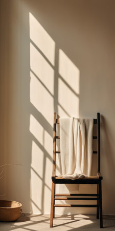 an empty chair is positioned against a window, allowing soft light to filter through. this minimalist composition, reminiscent of textile art, showcases a soothing beige color palette. the image is captured in high-resolution 8k, highlighting the intricate details of the eco-friendly craftsmanship. inspired by the works of valentin de boulogne, this photograph offers a minimalist background that exudes tranquility. ai generatedの素材