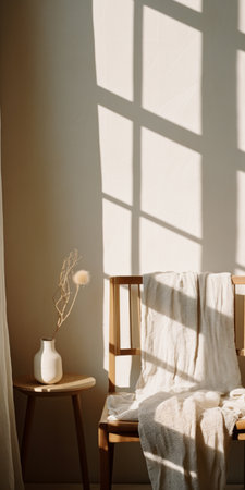 a chair sits on a wooden floor, adorned with a blue towel and positioned near a white window. the golden light casts a warm glow, enhancing the organic forms and muted tones. captured on fujifilm pro 400h, the image showcases light beige and light amber hues. sunrays delicately shine upon the scene, creating a minimalist still life with a naturalist aesthetic. ai generatedの素材