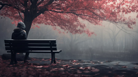 a woman sits on a bench in a misty landscape, holding a red flower. the photo captures the essence of cherry blossoms and traditional chinese landscapes, with a dark and moody tilt-shift effect. the 8k resolution and pseudo-infrared technique enhance the soft and romantic atmosphere of the scene. ai generatedの素材