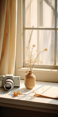 a camera, notepad, vase, and dried flowers are arranged on a table beside the window. the photo captures a joyful and optimistic atmosphere with its light yellow and light beige color scheme. the argus c3 camera adds a vintage touch to the composition. this japanese photography style image, sourced from flickr, showcases a low depth of field, creating a visually appealing effect. ai generatedの素材