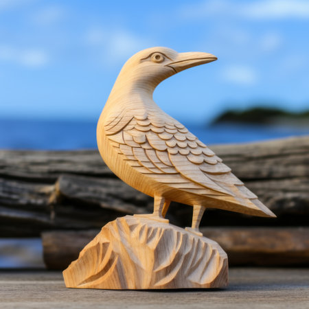 wooden bird sculpture in traditional oceanic art style, captured with the tokina at-x 11-16mm f/2.8 pro dx ii lens. this vray-traced image showcases the intricate carving and naive style of the sculpture, depicting seaside scenes. the wood piece is reminiscent of the renowned dau al set movement. ai generatedの素材