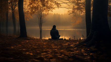 a woman sits in the serene woods by a lake, gazing at the enchanting forest. the photo captures the essence of zen buddhism with its dark orange and dark gold tones, creating a misty and tranquil atmosphere. taken with the sigma 85mm f1.4 dg hsm art lens, this tonal landscape in 32k uhd showcases a matte finish, evoking a sense of calm and serenity. aiの素材