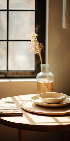 table and chair adorned with cups and plates, captured in a romantic soft focus and bathed in ethereal light. this japanese traditional scene, beautifully depicted with the panasonic lumix s pro 50mm f14 lens, showcases a minimalist brushwork aesthetic. the captivating floral still lifes exude a sense of primitive simplicity, enveloped in a soothing palette of beige and amber. ai generatedの素材