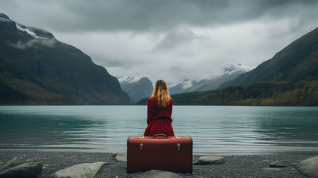a woman stands at the shore of a lake, patiently awaiting a boat. the photo captures the somber mood of the scene, with its dark teal and dark red color palette. the mountainous vistas in the background add to the emotional sensitivity of the image. this found-object-centric composition showcases the beauty of nature and evokes a sense of relational aesthetics. ai generatedの素材