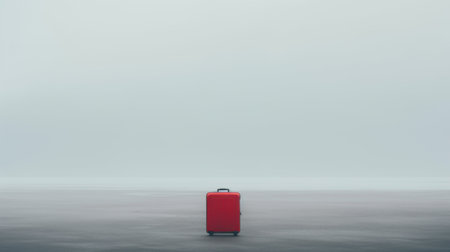the red suitcase stands alone by the edge of the water in this minimalist photo. inspired by graphic designer anton semenov, the image showcases light gray color field minimalism and a misty atmosphere. captured with a sony alpha a7 iii, the non-representational composition evokes a sense of intrigue and simplicity. ai generatedの素材