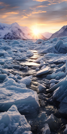 sun shining behind water in the style of michael komarck. frozen movement and unreal landscapes captured with a pentax k1000. highly detailed environments with a cold and detached atmosphere. organic formations add to the mesmerizing beauty of the scene. ai generatedの素材
