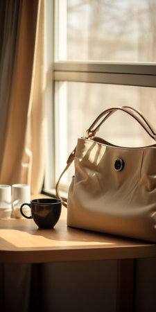 a purse in light brown and light beige colors is placed on a table near a window. the photo, captured with a tokina at-x 11-16mm f2.8 pro dx ii lens, features lens flares adding a touch of artistic effect. the ceramic table and the contrasting shades of light white and dark navy create a visually appealing composition. the image showcases the smooth and polished designの素材