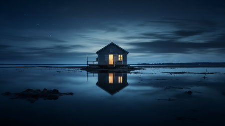 a stunning national geographic photo captures a surreal coastal landscape at night. in the image, a tiny house sits peacefully on water, illuminated by the soft glow of the moon overhead. the realistic style showcases the beauty of the minimalistic scene, with reflections and mirroring adding to the overall mesmerizing effect. ai generatedの素材