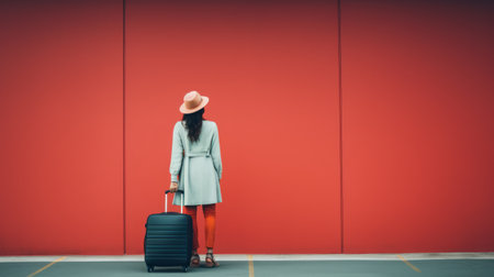 a woman stands in front of a vibrant red wall, carrying her luggage. the photo captures a sense of quiet introspection and is influenced by nonrepresentational art and pop culture. the calming color palette adds to the overall aesthetic. shot with a konica auto s3, the image evokes a feeling of travel and a touch of grey academia. ai generatedの素材