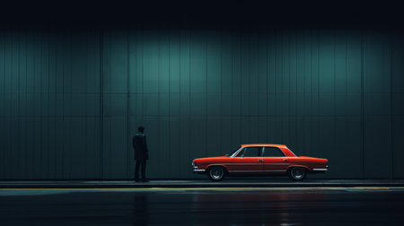 a man stands next to a red car by a building, captured in a nostalgic minimalistic style. the image showcases a dark cyan and amber color palette, with a resolution of 8k. the composition exudes an elite and dramatic chiaroscuro effect, reminiscent of the group f64. the portraitures in this photo hold hidden meanings. ai generatedの素材