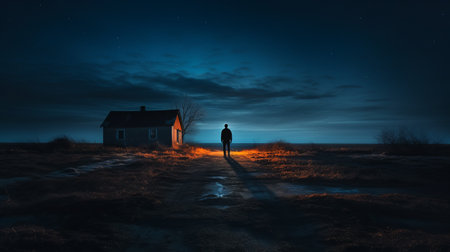 a dark photographer captures the essence of rural america at night, standing on a dirt road illuminated by haunting lights. in the style of mikko lagerstedt, the image showcases the realistic blue skies, while the dark cyan and orange tones add a captivating atmosphere. shot with the zeiss batis 18mm f2.8 and fujifilm xf 35mm f1.4 r lenses, the photo beautifully portrays the haunting housesの素材