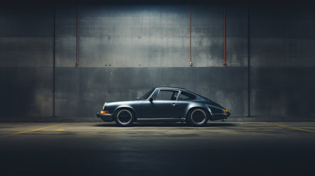 the porsche 911 car, captured in a parking garage, showcases the artistic style of mikko lagerstedt. with a smokey background and heavy chiaroscuro, this image exudes classic elegance. influenced by lydia goldblatt and unica zrn, the photo also incorporates elements of neo-concrete art. ai generatedの素材