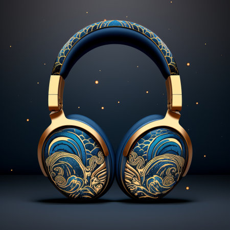jbll70w wireless headphones featuring a captivating design with blue abstract decorative details on a dark blue background. the design is inspired by the intricate and detailed engravings found in qing dynasty art, showcasing golden hues and flowing textures. the headphones are reminiscent of handcrafted objects and the artistry of embroidery. ai generatedの素材