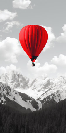 a red hot air balloon soars through the mountains in this dadaist photomontage. the 8k resolution captures the snow scenes in stunning detail, while the black and white imagery adds a touch of nostalgia. the portraitures with hidden meanings and innovative techniques create a captivating and thought-provoking visual experience. this romantic illustration merges various elements to create a unique and mesmerizing composition. ai generatedの素材