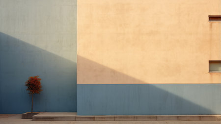 a wall with the reflection of two trees is captured in this image, showcasing a blend of light indigo and light amber hues. the composition follows a bauhaus simplicity, with contrasting light and shadow. the colors of light sky-blue and light beige add to the overall aesthetic. the use of mundane materials like concrete enhances the visual appeal. shot on fujifilm velvia film. ai generatedの素材