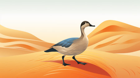 a bird perched on a desert landscape, featuring flat shading and duckcore style. the hyper-realistic animal illustration showcases a combination of light beige and dark azure tones. the detailed background highlights lively coastal landscapes, while the simplified colors add a unique touch to the overall composition. ai generatedの素材