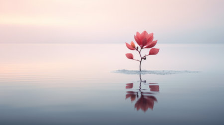 a stunning photograph capturing the serene beauty of nature reflected in water, featuring a vibrant red flower. the image showcases a minimalist surrealism style with light sky-blue and light pink hues, evoking a soft and dreamy atmosphere. influenced by zen buddhism, the photo exudes a sense of tranquility. created using cinema4d, the composition includes miniature sculptures and clean, simple designs. ai generatedの素材