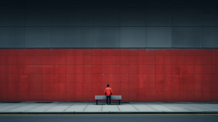 a red bench stands in front of a red building, creating a vibrant and exaggerated scene. this conceptual portraiture captures a minimalist portrait with a touch of pensive stillness. the pixelation adds an artistic element to the composition, reminiscent of flickr aesthetics. the overall atmosphere reflects the influence of hallyu, creating a visually striking image. ai generatedの素材