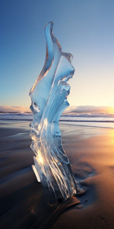 an ice statue on a hill at sunset, featuring naturalistic ocean waves and organic flowing forms. the glossy finish enhances the layered imagery, creating a captivating visual effect. this uhd image showcases the statue from a frontal perspective, while the matte photo adds a touch of elegance to the overall composition. ai generatedの素材