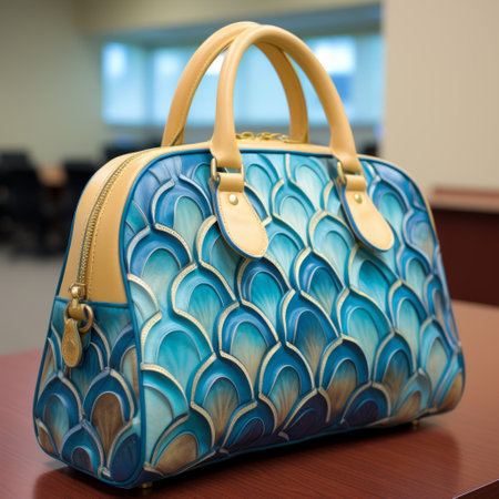 a blue handbag sits on a table in an office scene, placed next to an electrical outlet. the artwork showcases intricate sculpted designs in the style of airbrush art, with meticulous linework precision. the color palette features shades of blue and beige, reminiscent of the washington color school. this handcrafted piece exudes a unique blend of artistry and functionality. ai generatedの素材
