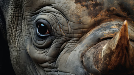 a gray elephant with horns stands prominently in the foreground of this photorealistic eye-capturing photograph. the image, reminiscent of national geographic's stunning visuals, showcases the juxtaposition of hard and soft lines. taken from an aerial perspective, the composition reveals layers of texture, adding depth and intrigue to the captivating scene. ai generatedの素材