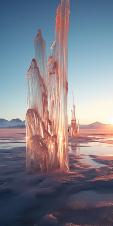 the photo captures a stunning sunset illuminating vibrant crystals, creating a futuristic landscape. the image showcases realistic human forms, ethereal sculptures, and the beauty of norwegian nature. with hints of frostpunk, the scene exudes a soft, dreamy ambiance, enhanced by the elongated forms. ai generatedの素材