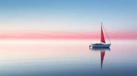 a sailboat gracefully glides on calm waters, surrounded by a breathtaking sunset backdrop. the image showcases a dreamlike scene with soft mist, light sky-blue, and light crimson hues. it captures the essence of romanticized seascapes, evoking a sense of tranquility and beauty. ai generatedの素材